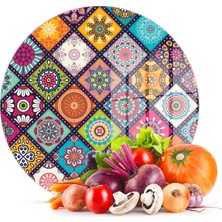 Decovetro Cam Kesme Tahtası Yuvarlak Renki Mandala Desenli 30X30 cm