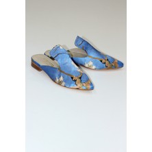 Nomads Felt %100 Ipek-Hakiki Deri Kadın Terlik | Kösele Taban | Mavi Van Gogh Badem Ağacı