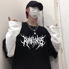 Touz Moda Gothic Fonts Oversize Fake Kollu Beyaz T-Shirt