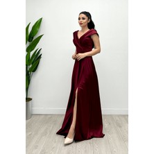 Giyimmasalı Saten Kumaş Kayık Yaka Abiye Elbise - Bordo