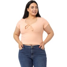 Disentis Modest Büyük Beden Yarım Kollu Göğüste Bağcık Detaylı Kaşkorse Somon Body