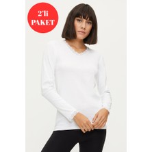 Bross 1033  Pamuk Uzun Kollu 2li Beyaz Fanila Tişört