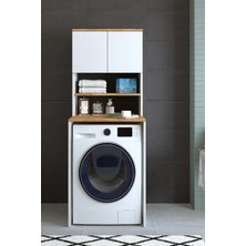 One Art Home Bloom Çamaşır Makinesi Dolabı Kurutma Makinesi Dolabı Banyo Dolabı Kapaklı Beyaz Atlantik Çam Raf