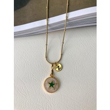 Atelier Deep Yeşil Yıldız Sedef Harfli Dorika Zincir Gold Çelik Tasarım Kolye DRN05034