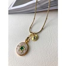 Atelier Deep Yeşil Yıldız Sedef Harfli Dorika Zincir Gold Çelik Tasarım Kolye DRN05034