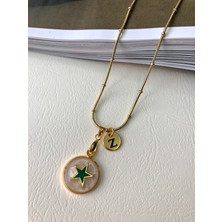 Atelier Deep Yeşil Yıldız Sedef Harfli Dorika Zincir Gold Çelik Tasarım Kolye DRN05034