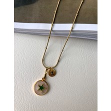 Atelier Deep Yeşil Yıldız Sedef Harfli Dorika Zincir Gold Çelik Tasarım Kolye DRN05034