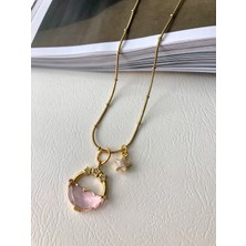 Atelier Deep Pembe Taşlı Yıldız Sedef Yıldız Dorika Zincir Gold Çelik Tasarım Kolye DRN05031