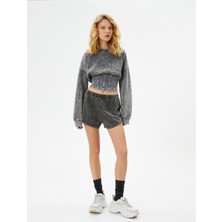Koton Korse Detaylı Soluk Efektli Crop Sweatshirt Uzun Kollu Bisiklet Yaka Slim Fit