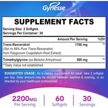 Gyriesse Liposomal 2200MG High Dose Softgel, Trans-Resveratrol 1700MG Plus Tmg 500MG, Powerful Antioxidant For Anti-Aging, Skin Health, Cell Repair, Boost Nad+, Energy & Immune And Overall Health - 60 Softgels