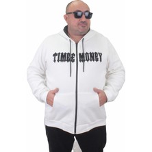 Starbattal Fermuarlı Kapuşonlu Büyük Beden Sweat Time Money 23218 Ekru