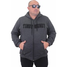 Starbattal Fermuarlı Kapuşonlu Büyük Beden Sweat Time Money 23218 Antrasıt