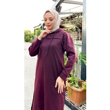Bwest Uzun Tunik Kapşonlu Kenardan Yırtmaçlı Ikili Spor Takım - 3034 - Mürdüm