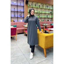 Bwest Atlas Kapşonlu Uzun Sade Basic Sweatshirt - 3007 - Antrasit