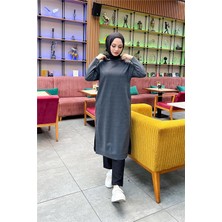 Bwest Atlas Kapşonlu Uzun Sade Basic Sweatshirt - 3007 - Antrasit