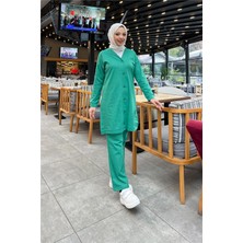Sevda Düğmeli V Yakalı Sade Basic Eşofman Spor Ikili Takım - 3051 - Benetton Yeşil