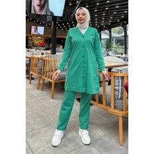 Sevda Düğmeli V Yakalı Sade Basic Eşofman Spor Ikili Takım - 3051 - Benetton Yeşil