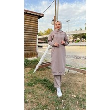 Bwest Uzun Tunik Kapşonlu Kenardan Yırtmaçlı Ikili Spor Takım - 3034 - Vizon