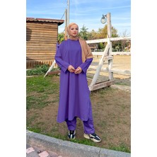 O Yaka Yırtmançlı Uzun Geniş Rahat Tunik Pantolon Sade Basic Spor Takımı - 03040.207 - Koyu Lila