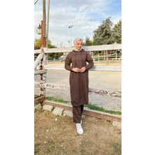 Bwest Uzun Tunik Kapşonlu Kenardan Yırtmaçlı Ikili Spor Takım - 3034 - Kahverengi