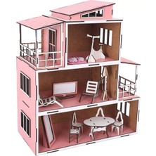 Çocuk Pembe Ahşap 3 Katlı Bebek Oyun Evi Seti