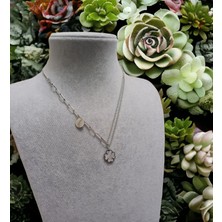 Hg.Aksesuar Kadın Sedef Taşlı Yonca Detaylı Çelik Kolye