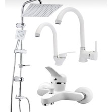 Bdl Armatür  Beyaz Krom Robot Duş Seti Lavabo Banyo Mutfak Bataryası Musluğu 4’lü Set