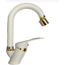Bdl Armatür  Beyaz Gold Lüx Banyo Lavabo Bataryası Çeşmesi Musluğu Oynar Uçlu