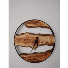 Eloza Floral Art Zeytin Ağacı Kullanılarak Hazırlanan Demir Çerçeveli Ahşap Modern Dekoratif Saat 45 cm Çap