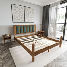 Renazzo Orion Model Çağla Yeşili Puflu Başlıklı Ceviz Renk Çam Ahşap Karyola ve Iki Komodin Set