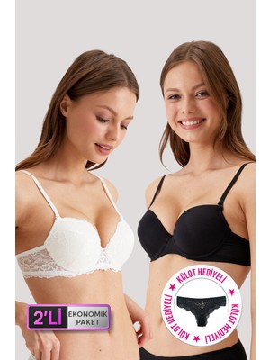 Pierre Cardin 2'li Paket Siyah Ekru Dantelli ve Micro Sütyen Set Balenli Üçgen Kalıp