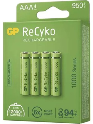 XML Dünyası Gp Recyko 950 Mah Aaa Ince 4lü Şarjlı Kalem Pil GP100AAAHCE-2EB4 (GPRHC103E001)