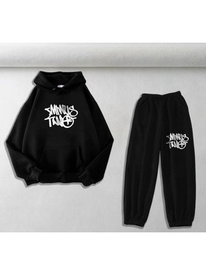 Touz Moda Minus Two Baskılı Siyah Oversize Kapüşonlu Sweatshirt & Eşofman Altı Ikili Takım