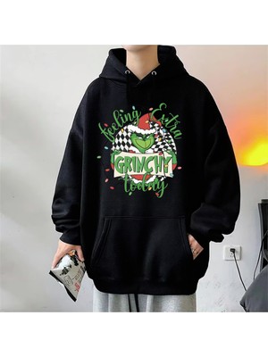 Touz Moda New Christmas Baskılı Siyah Unisex Oversize Kapüşonlu Sweatshirt