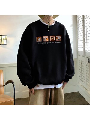 Touz Moda Pictures Baskılı Siyah Unisex Oversize Bisiklet Yaka Sweatshirt