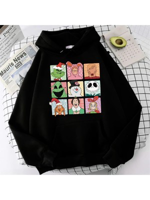 Touz Moda Yılbaşı Karakter Baskılı Siyah Oversize Kapüşonlu Sweatshirt