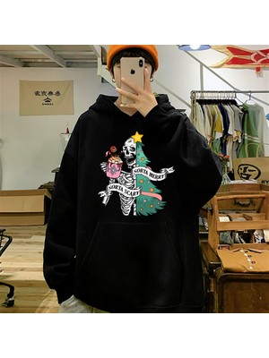 Touz Moda Skeleton Noel Baskılı Siyah Oversize Kapüşonlu Sweatshirt