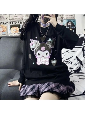 Touz Moda Harajuku Kuromi Baskılı Siyah Unisex Oversize Bisiklet Yaka Sweatshirt