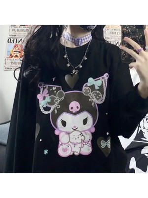 Touz Moda Harajuku Kuromi Baskılı Siyah Unisex Oversize Bisiklet Yaka Sweatshirt