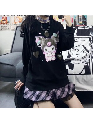 Touz Moda Harajuku Kuromi Baskılı Siyah Unisex Oversize Bisiklet Yaka Sweatshirt