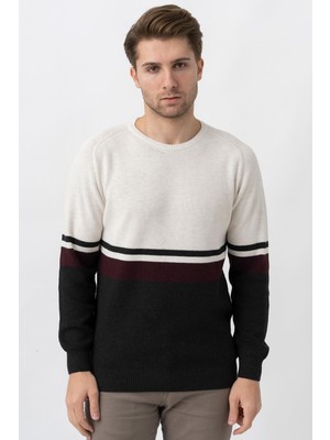 White Stone Medellín 10195 Slim Fit Bisiklet Yaka Triko Ekru Bordo Antrasit