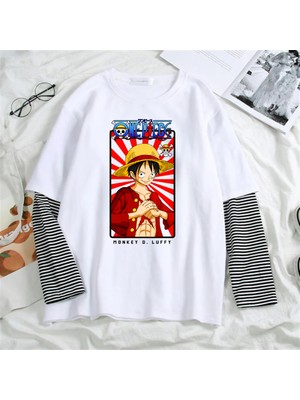 Touz Moda Harajuku Anime One Piece Strawhat Fake Sleeves Unisex Beyaz T-Shirt