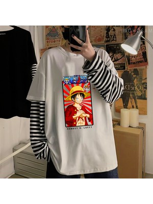 Touz Moda Harajuku Anime One Piece Strawhat Fake Sleeves Unisex Beyaz T-Shirt