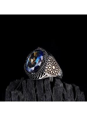 Tesbih Sepetim 925 Ayar Gümüş Mistik Topaz Taşlı Erkek Yüzük