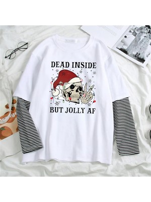 Touz Moda Dead Insıde Christmas Baskılı Fake Sleeves Unisex Beyaz T-Shirt