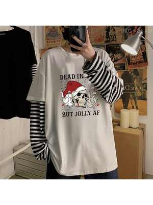 Touz Moda Dead Insıde Christmas Baskılı Fake Sleeves Unisex Beyaz T-Shirt