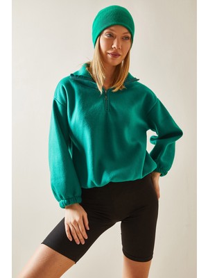 Xhan Yeşil Fermuarlı Dik Yaka Polar Sweatshirt 4KXK8-47854-08