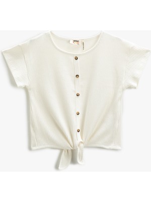 Koton Basic Crop Tişört Beli Bağlamalı Fitilli Düğmeli Kısa Kollu
