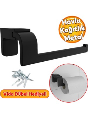 Badem10 Metal Sağlam Vidalı Siyah Renk Kağıtlık Aparat Banyo Mutfak Açık Kağıt Standı Havluluk Paslanmaz