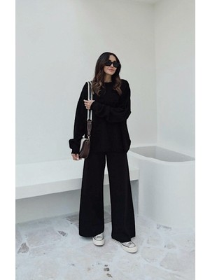 BRTC Design Kadın Siyah Bisiklet Yaka Beli Lastikli Geniş Paça Relax Triko Takım